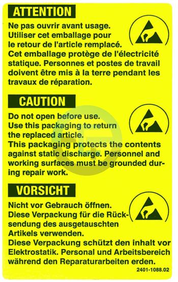 ESD žlutý štítek text ve francoužštině,angličtině
